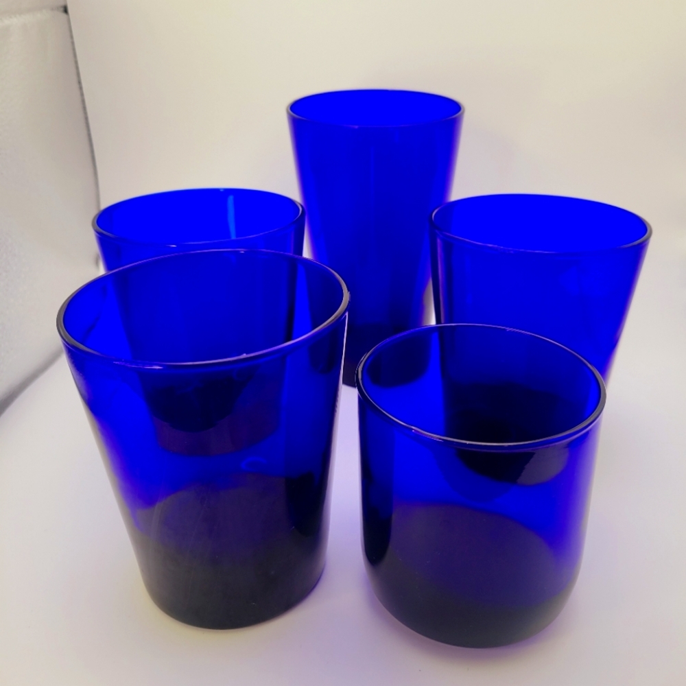 Lot Of 5 Vintage Libbey Cobalt Blue Dribking Glasses 3 Sizes Excellent